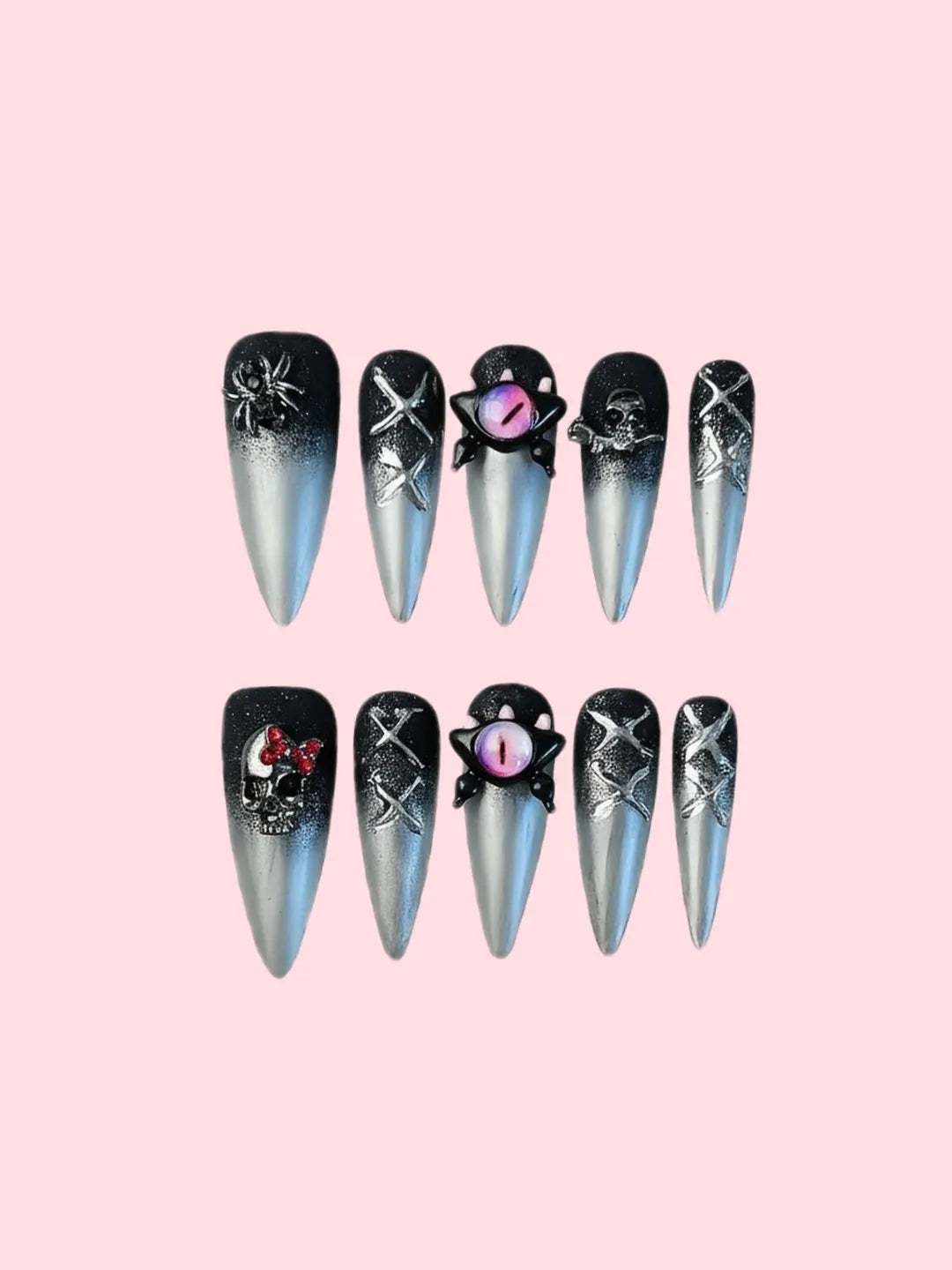 BLACK AND SILVER GOTHIC HALLOWEEN PRESS-ON NAILS WITH 3D SPIDER, SKULL, AND DRAGON EYE CHARMS.